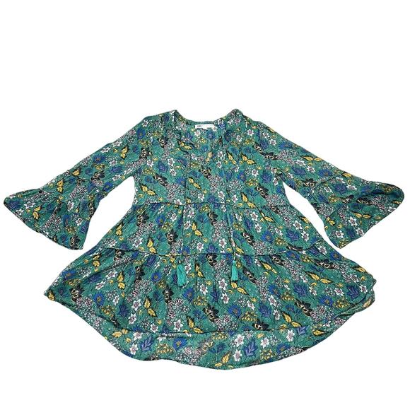 DR2 Boho Floral Print Bell Sleeve V-Neck Tiered High Low Peasant Blouse Size XS - Picture 1 of 10